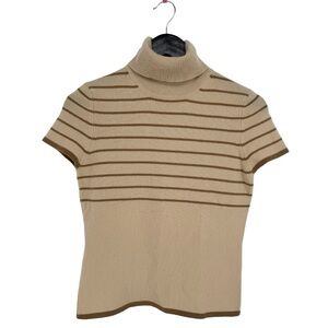 TSE‎ Stripe Short Sleeve Cashmere Turtleneck Sweater Neutral Tan Brown Small